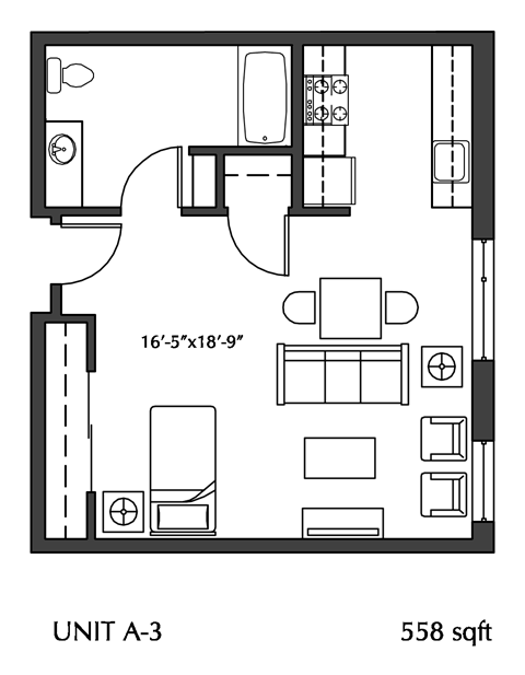 Floor plan for studio, 1 bath, 600 sqft